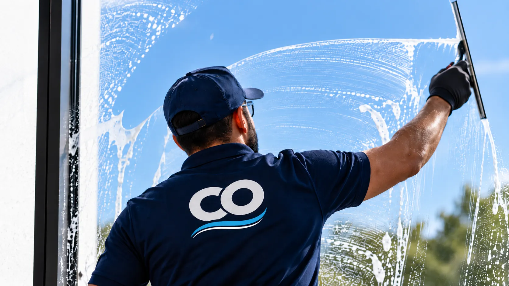 Fensterscheibe wird mit dem Abzieher gereinigt, im Vordergrund ein Rücken mit dem CO-Logo