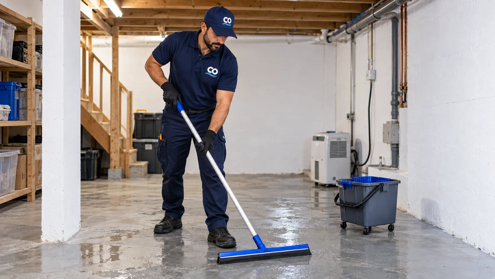 Kellerboden wird mit dem Wasserschieber abgezogen
