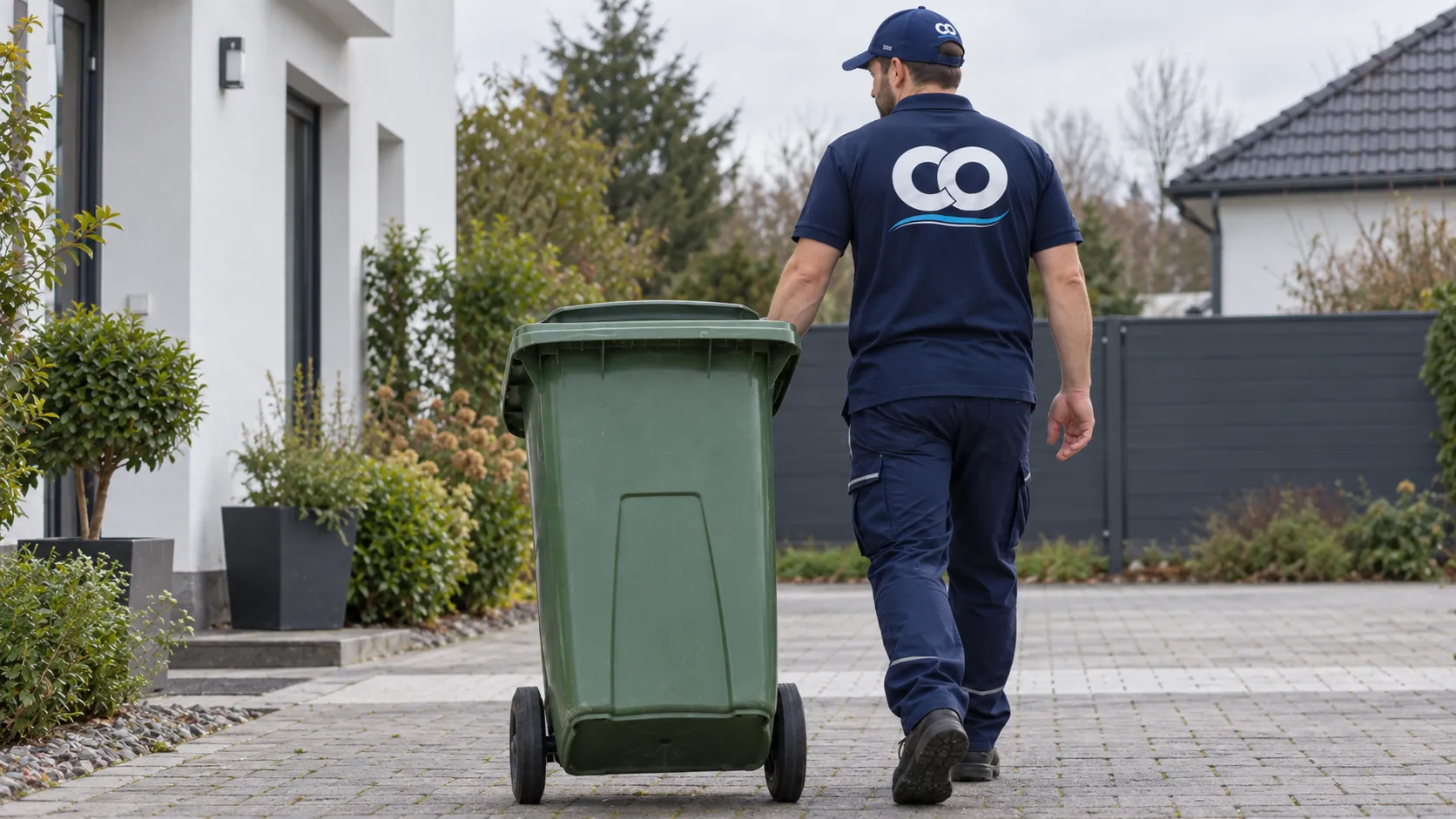 Mülltonne wird über eine gepflasterte Einfahrt gezogen