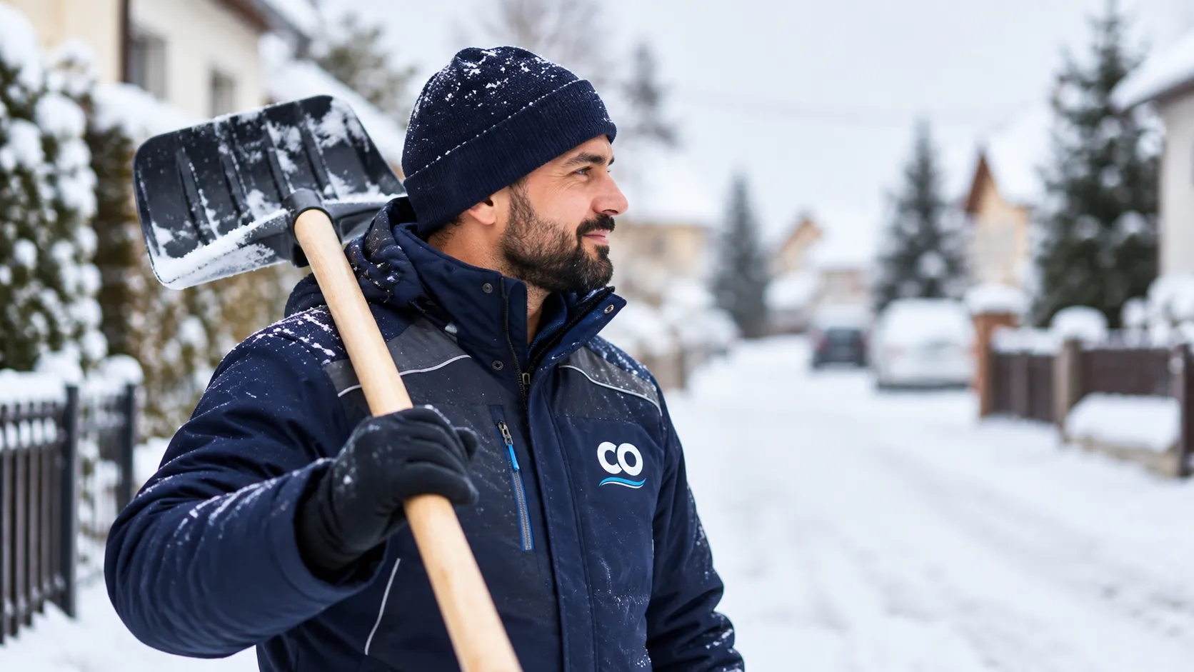 Mann mit Schneeschaufel in einer verschneiten Wohnstraße